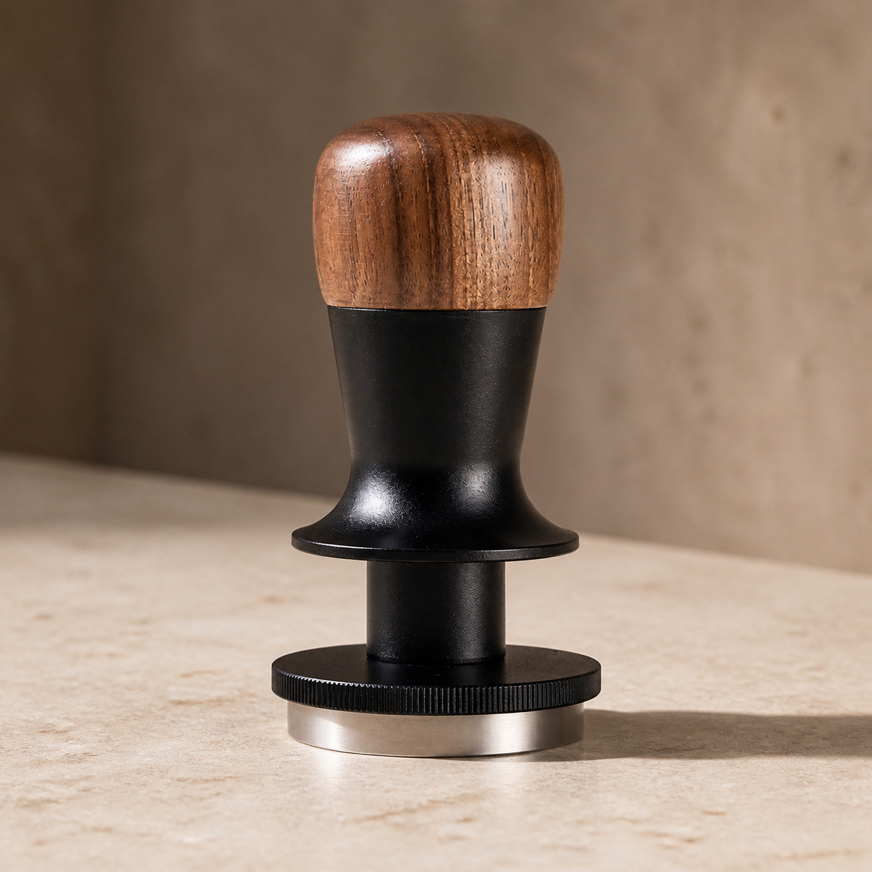 51 mm constant-pressure espresso tamper with a walnut handle and stainless-steel base