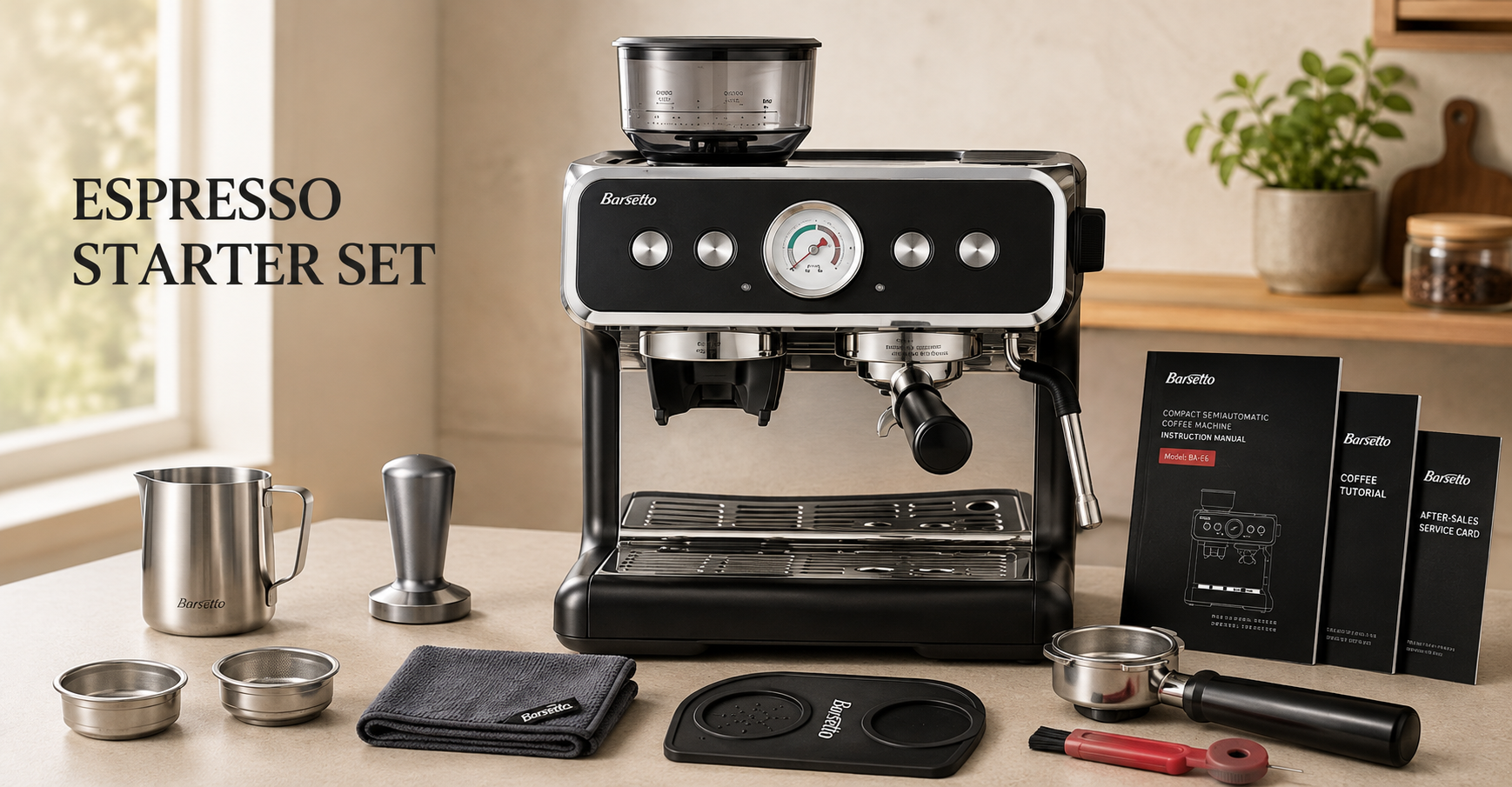 Espresso Starter Set: black and stainless steel Barsetto espresso machine with integrated grinder, milk pitcher, tamper, filter baskets, portafilter, cleaning tools, tamping mat, and English guides