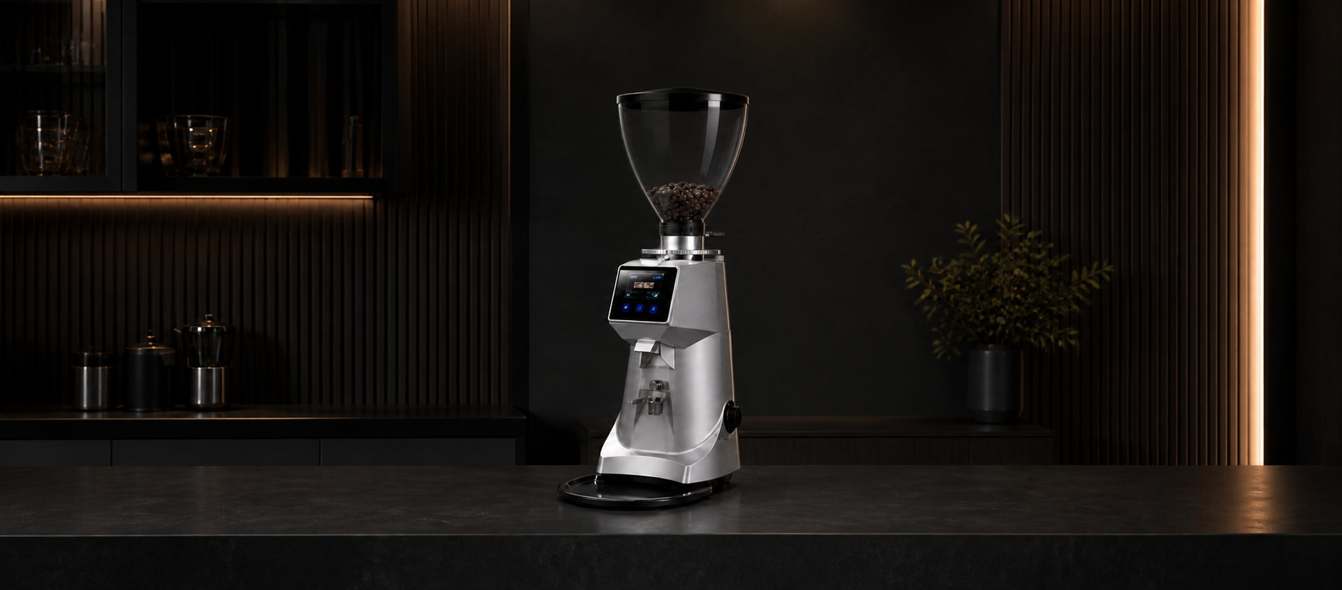 Silver Crema G1 precision grinder in a modern dark coffee bar