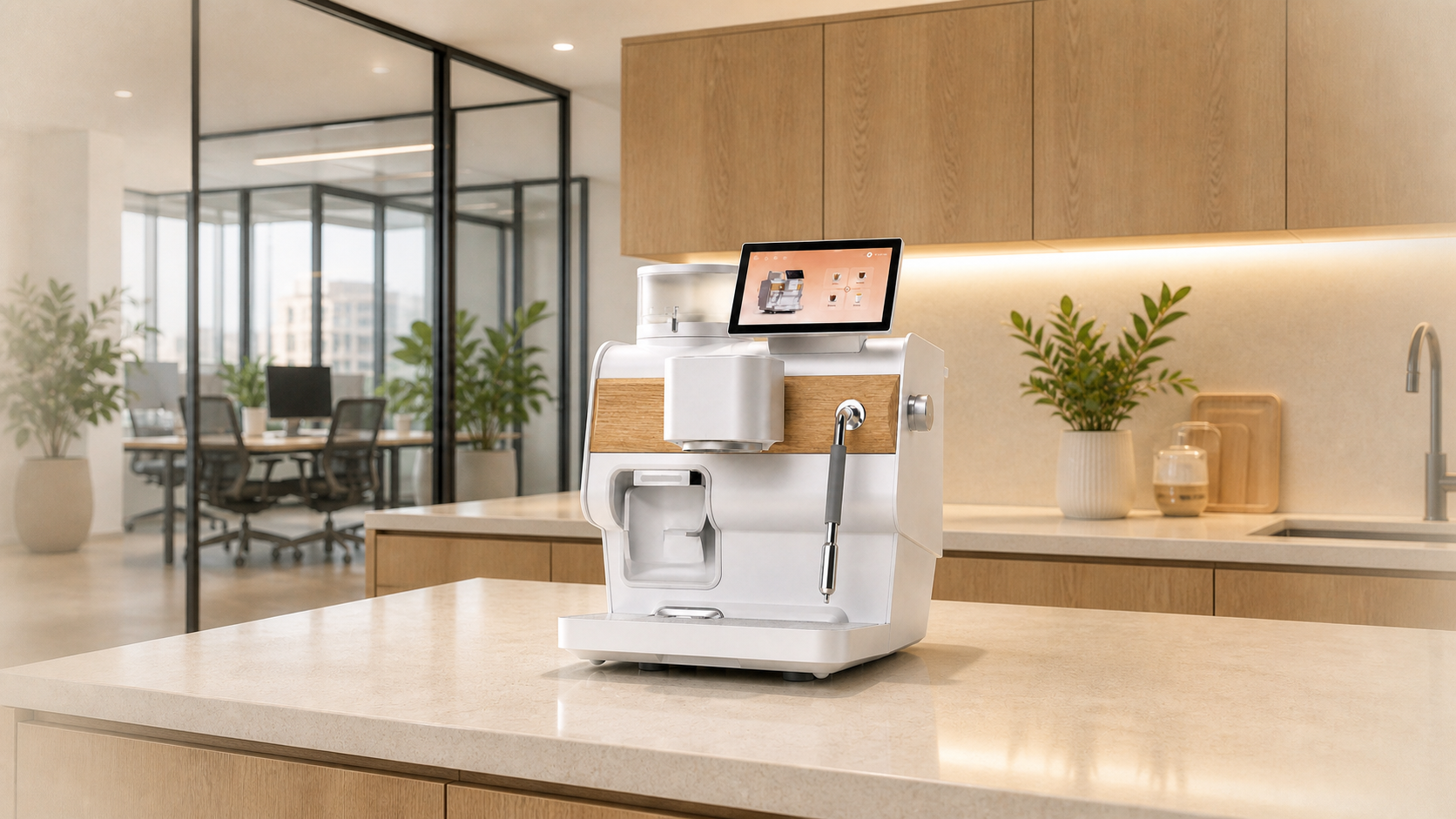 White Crema One automatic espresso machine in a modern office pantry