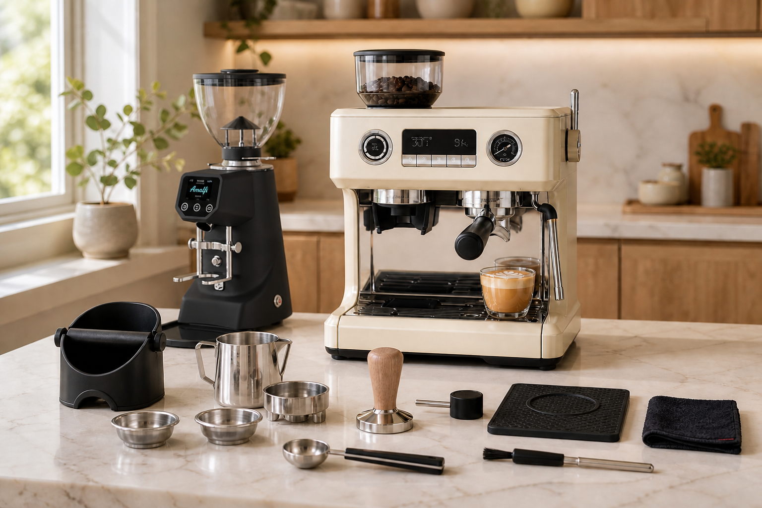 Complete home coffee bundle with a dual-boiler espresso machine, grinder, milk pitcher, tamper, portafilter, and cleaning accessories