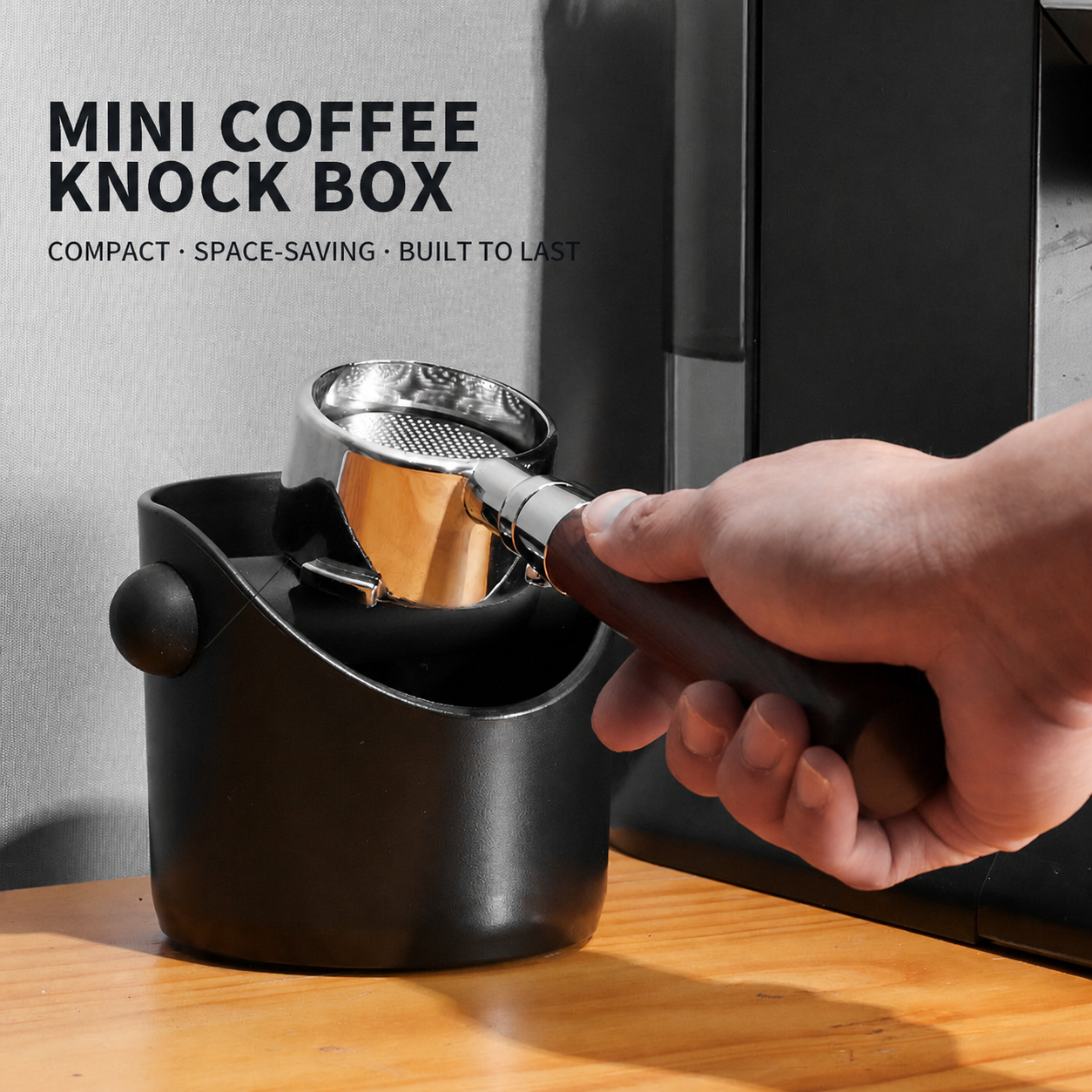 Mini coffee knock box with a portafilter